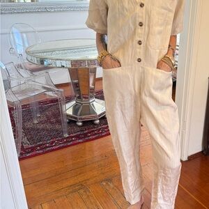 Closed Linen Jumpsuit Neutral Minimal Button Front Pockets Effortless Summer S
